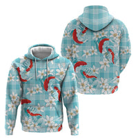 Turquoise Palaka Hawaii Aloha Zip Hoodie Koi Pond Mix Plumeria - Polynesian Pride