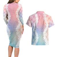 Hawaii Aloha Plumeria Lei Pastel Candy Palaka Couples Matching Long Sleeve Bodycon Dress and Hawaiian Shirt - Polynesian Pride