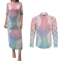 Hawaii Aloha Plumeria Lei Pastel Candy Palaka Couples Matching Puletasi and Long Sleeve Button Shirt - Polynesian Pride