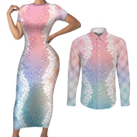 Hawaii Aloha Plumeria Lei Pastel Candy Palaka Couples Matching Short Sleeve Bodycon Dress and Long Sleeve Button Shirt - Polynesian Pride