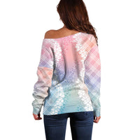 Hawaii Aloha Plumeria Lei Pastel Candy Palaka Off Shoulder Sweater - Polynesian Pride