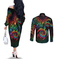 Hawaii Pride Couples Matching Off The Shoulder Long Sleeve Dress and Long Sleeve Button Shirt Rainbow Swirls