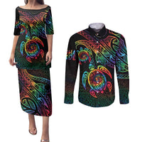 Hawaii Pride Couples Matching Puletasi and Long Sleeve Button Shirt Rainbow Swirls