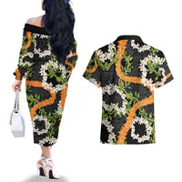 Aloha Festive Hawaii Couples Matching Off The Shoulder Long Sleeve Dress and Hawaiian Shirt Mokihana - Maile and Ilima on Black LT7 - Polynesian Pride