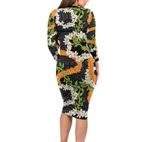 Aloha Festive Hawaii Family Matching Long Sleeve Bodycon Dress and Hawaiian Shirt Mokihana - Maile and Ilima on Black LT7 - Polynesian Pride