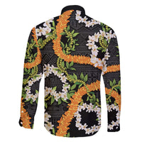 Aloha Festive Hawaii Family Matching Off The Shoulder Long Sleeve Dress and Hawaiian Shirt Mokihana - Maile and Ilima on Black LT7 - Polynesian Pride
