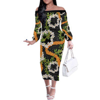 Aloha Festive Hawaii Family Matching Off The Shoulder Long Sleeve Dress and Hawaiian Shirt Mokihana - Maile and Ilima on Black LT7 Mom's Dress Black - Polynesian Pride
