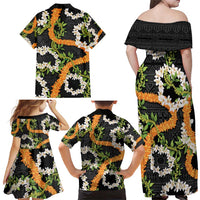 Aloha Festive Hawaii Family Matching Off Shoulder Maxi Dress and Hawaiian Shirt Mokihana - Maile and Ilima on Black LT7 - Polynesian Pride