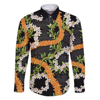 Aloha Festive Hawaii Family Matching Off Shoulder Maxi Dress and Hawaiian Shirt Mokihana - Maile and Ilima on Black LT7 Dad's Shirt - Long Sleeve Black - Polynesian Pride