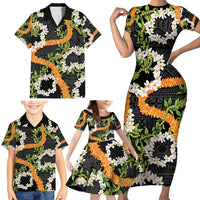 Aloha Festive Hawaii Family Matching Short Sleeve Bodycon Dress and Hawaiian Shirt Mokihana - Maile and Ilima on Black LT7 - Polynesian Pride