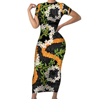 Aloha Festive Hawaii Family Matching Short Sleeve Bodycon Dress and Hawaiian Shirt Mokihana - Maile and Ilima on Black LT7 Mom's Dress Black - Polynesian Pride