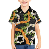 Aloha Festive Hawaii Family Matching Short Sleeve Bodycon Dress and Hawaiian Shirt Mokihana - Maile and Ilima on Black LT7 Son's Shirt Black - Polynesian Pride