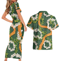 Aloha Festive Hawaii Couples Matching Short Sleeve Bodycon Dress and Hawaiian Shirt Mokihana - Maile and Ilima on Forest Green LT7 - Polynesian Pride