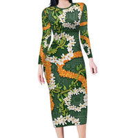 Aloha Festive Hawaii Family Matching Long Sleeve Bodycon Dress and Hawaiian Shirt Mokihana - Maile and Ilima on Forest Green LT7 Mom's Dress Forest Green - Polynesian Pride