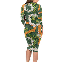 Aloha Festive Hawaii Family Matching Long Sleeve Bodycon Dress and Hawaiian Shirt Mokihana - Maile and Ilima on Forest Green LT7 - Polynesian Pride