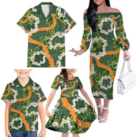 Aloha Festive Hawaii Family Matching Off The Shoulder Long Sleeve Dress and Hawaiian Shirt Mokihana - Maile and Ilima on Forest Green LT7 - Polynesian Pride
