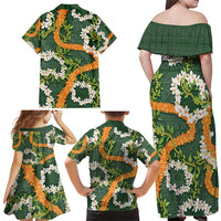 Aloha Festive Hawaii Family Matching Off Shoulder Maxi Dress and Hawaiian Shirt Mokihana - Maile and Ilima on Forest Green LT7 - Polynesian Pride