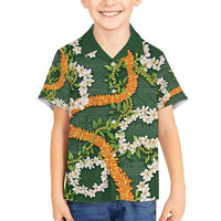 Aloha Festive Hawaii Family Matching Off Shoulder Maxi Dress and Hawaiian Shirt Mokihana - Maile and Ilima on Forest Green LT7 Son's Shirt Forest Green - Polynesian Pride