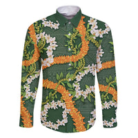Aloha Festive Hawaii Family Matching Off Shoulder Short Dress and Hawaiian Shirt Mokihana - Maile and Ilima on Forest Green LT7 Dad's Shirt - Long Sleeve Forest Green - Polynesian Pride