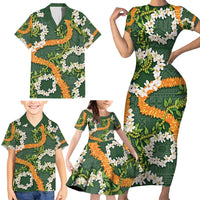 Aloha Festive Hawaii Family Matching Short Sleeve Bodycon Dress and Hawaiian Shirt Mokihana - Maile and Ilima on Forest Green LT7 - Polynesian Pride