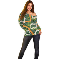 Aloha Festive Hawaii Off Shoulder Sweater Mokihana - Maile and Ilima on Forest Green - Polynesian Pride