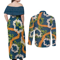 Aloha Festive Hawaii Couples Matching Off Shoulder Maxi Dress and Long Sleeve Button Shirt Mokihana - Maile and Ilima on Navy Blue - Polynesian Pride