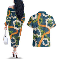 Aloha Festive Hawaii Couples Matching Off The Shoulder Long Sleeve Dress and Hawaiian Shirt Mokihana - Maile and Ilima on Navy Blue LT7 - Polynesian Pride