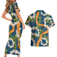 Aloha Festive Hawaii Couples Matching Short Sleeve Bodycon Dress and Hawaiian Shirt Mokihana - Maile and Ilima on Navy Blue LT7 - Polynesian Pride