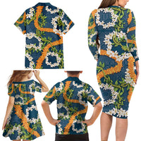Aloha Festive Hawaii Family Matching Long Sleeve Bodycon Dress and Hawaiian Shirt Mokihana - Maile and Ilima on Navy Blue LT7 - Polynesian Pride