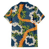 Aloha Festive Hawaii Family Matching Off The Shoulder Long Sleeve Dress and Hawaiian Shirt Mokihana - Maile and Ilima on Navy Blue LT7 - Polynesian Pride