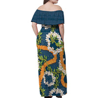 Aloha Festive Hawaii Family Matching Off Shoulder Maxi Dress and Hawaiian Shirt Mokihana - Maile and Ilima on Navy Blue LT7 - Polynesian Pride