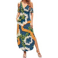 Aloha Festive Hawaii Family Matching Summer Maxi Dress and Hawaiian Shirt Mokihana - Maile and Ilima on Navy Blue LT7 Mom's Dress Navy Blue - Polynesian Pride