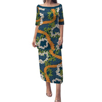 Aloha Festive Hawaii Puletasi Mokihana - Maile and Ilima on Navy Blue LT7 Long Dress Navy Blue - Polynesian Pride