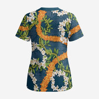 Aloha Festive Hawaii Scrub Top Mokihana - Maile and Ilima on Navy Blue - Polynesian Pride