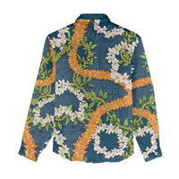 Aloha Festive Hawaii Women Casual Shirt Mokihana - Maile and Ilima on Navy Blue - Polynesian Pride