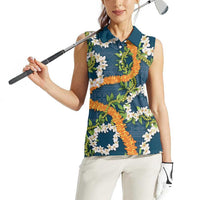 Aloha Festive Hawaii Women Sleeveless Polo Shirt Mokihana - Maile and Ilima on Navy Blue - Polynesian Pride
