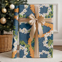 Aloha Festive Hawaii Wrapping Paper Mokihana - Maile and Ilima on Navy Blue