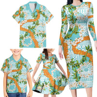 Aloha Festive Hawaii Family Matching Long Sleeve Bodycon Dress and Hawaiian Shirt Mokihana - Maile and Ilima on Turquoise LT7 - Polynesian Pride