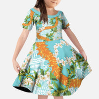 Aloha Festive Hawaii Family Matching Off The Shoulder Long Sleeve Dress and Hawaiian Shirt Mokihana - Maile and Ilima on Turquoise LT7 Daughter's Dress Turquoise - Polynesian Pride