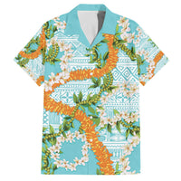 Aloha Festive Hawaii Family Matching Off The Shoulder Long Sleeve Dress and Hawaiian Shirt Mokihana - Maile and Ilima on Turquoise LT7 Dad's Shirt - Short Sleeve Turquoise - Polynesian Pride