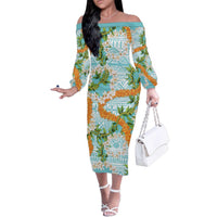 Aloha Festive Hawaii Family Matching Off The Shoulder Long Sleeve Dress and Hawaiian Shirt Mokihana - Maile and Ilima on Turquoise LT7 Mom's Dress Turquoise - Polynesian Pride
