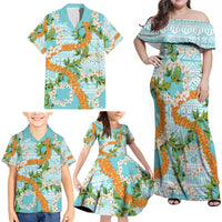 Aloha Festive Hawaii Family Matching Off Shoulder Maxi Dress and Hawaiian Shirt Mokihana - Maile and Ilima on Turquoise LT7 - Polynesian Pride
