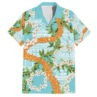 Aloha Festive Hawaii Family Matching Off Shoulder Maxi Dress and Hawaiian Shirt Mokihana - Maile and Ilima on Turquoise LT7 Dad's Shirt - Short Sleeve Turquoise - Polynesian Pride