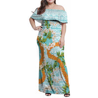 Aloha Festive Hawaii Family Matching Off Shoulder Maxi Dress and Hawaiian Shirt Mokihana - Maile and Ilima on Turquoise LT7 Mom's Dress Turquoise - Polynesian Pride