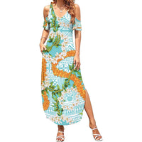 Aloha Festive Hawaii Family Matching Summer Maxi Dress and Hawaiian Shirt Mokihana - Maile and Ilima on Turquoise LT7 Mom's Dress Turquoise - Polynesian Pride