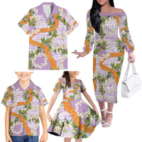 Aloha Festive Hawaii Family Matching Off The Shoulder Long Sleeve Dress and Hawaiian Shirt Mokihana - Maile and Ilima on Lilac LT7 - Polynesian Pride