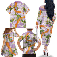 Aloha Festive Hawaii Family Matching Off The Shoulder Long Sleeve Dress and Hawaiian Shirt Mokihana - Maile and Ilima on Lilac LT7 - Polynesian Pride