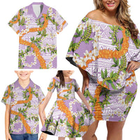 Aloha Festive Hawaii Family Matching Off Shoulder Short Dress and Hawaiian Shirt Mokihana - Maile and Ilima on Lilac LT7 - Polynesian Pride