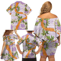 Aloha Festive Hawaii Family Matching Off Shoulder Short Dress and Hawaiian Shirt Mokihana - Maile and Ilima on Lilac LT7 - Polynesian Pride