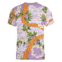Aloha Festive Hawaii Women V-Neck T-Shirt Mokihana - Maile and Ilima on Lilac - Polynesian Pride